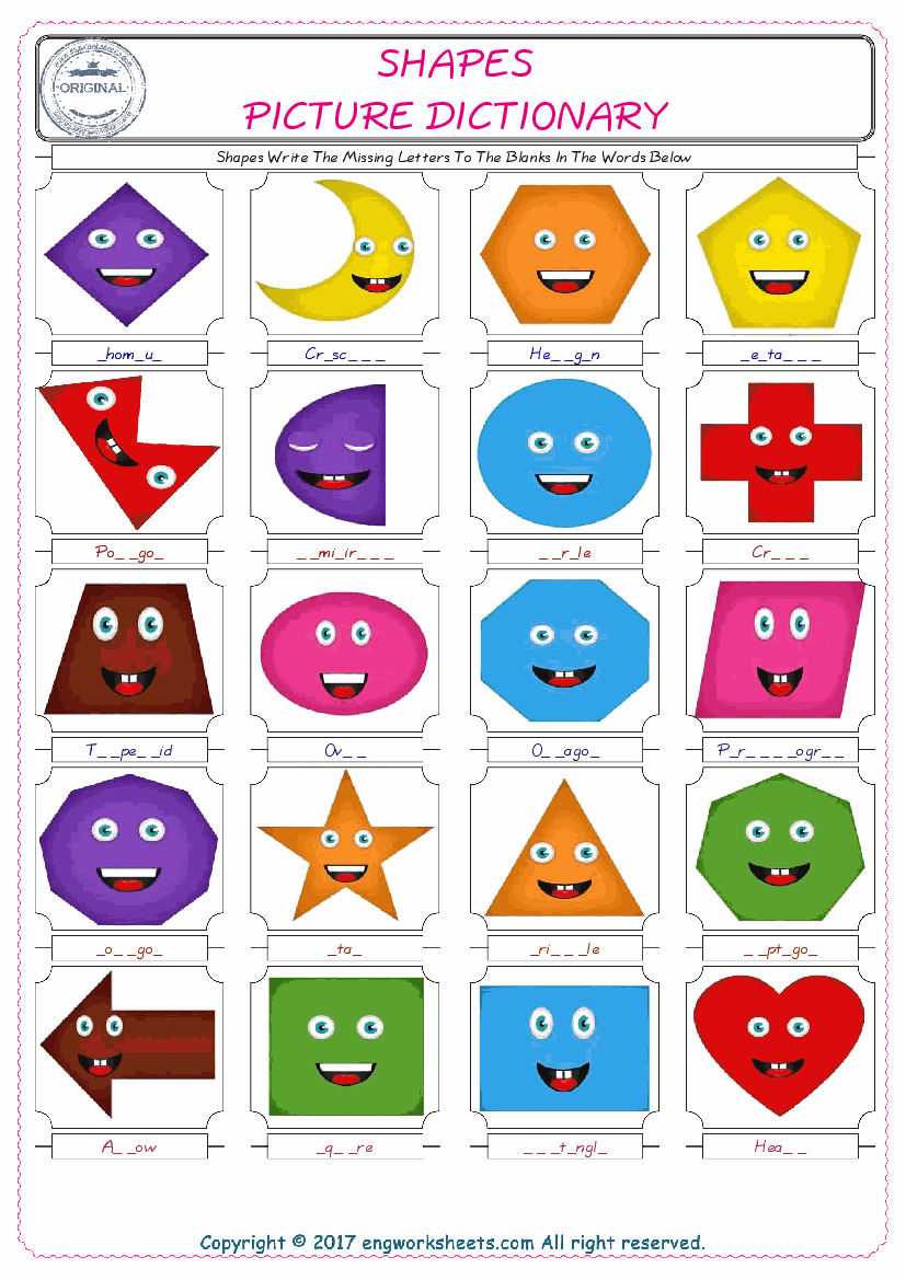  Shapes Words English worksheets For kids, the ESL Worksheet for finding and typing the missing letters of Shapes Words 